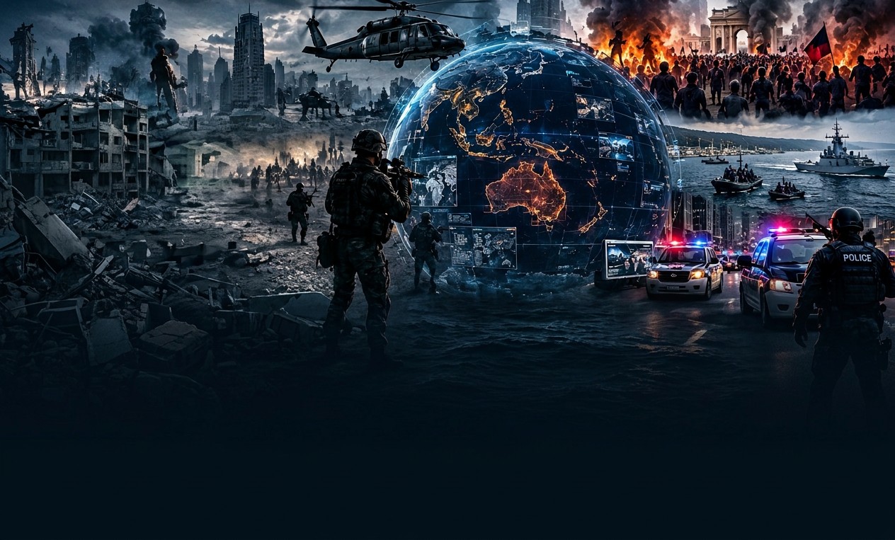 Collage: soldiers in a ruined city, military helicopter, illuminated globe over Asia and Australia, civil unrest, naval warships and police vehicles